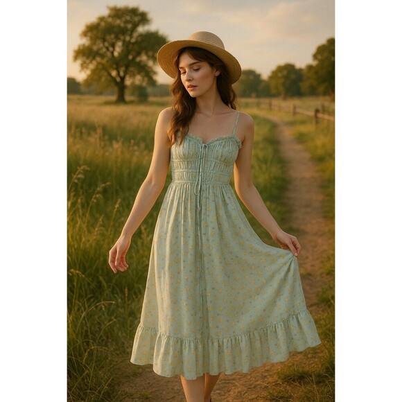 Jessica Simpson Floral Boho Cottagecore Smocked Bodice Ruffle Hem Midi Dress L - Picture 1 of 12